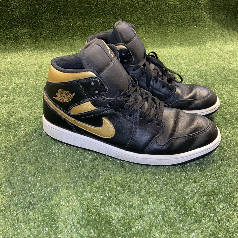 Air Jordan 1 Mid Black Metallic Gold Men’s Size 13 Athletic Basketball Sneakers